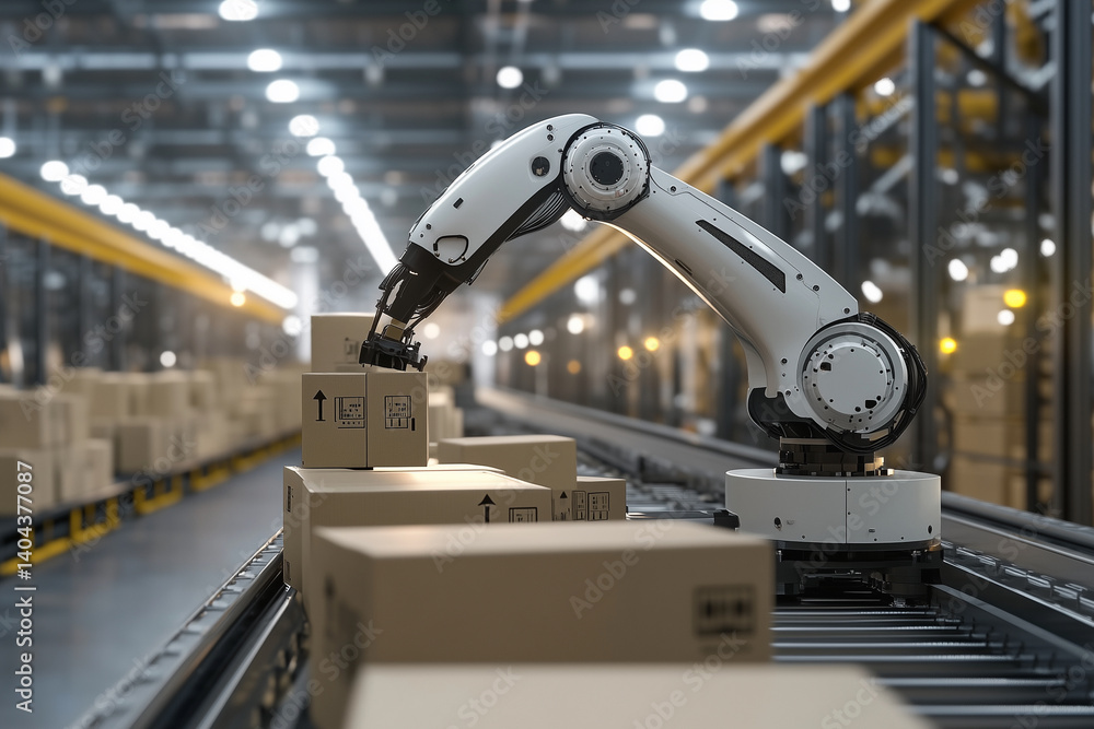 Poster robot is working on a conveyor belt with boxes. the robot is white and has a long arm. the boxes are