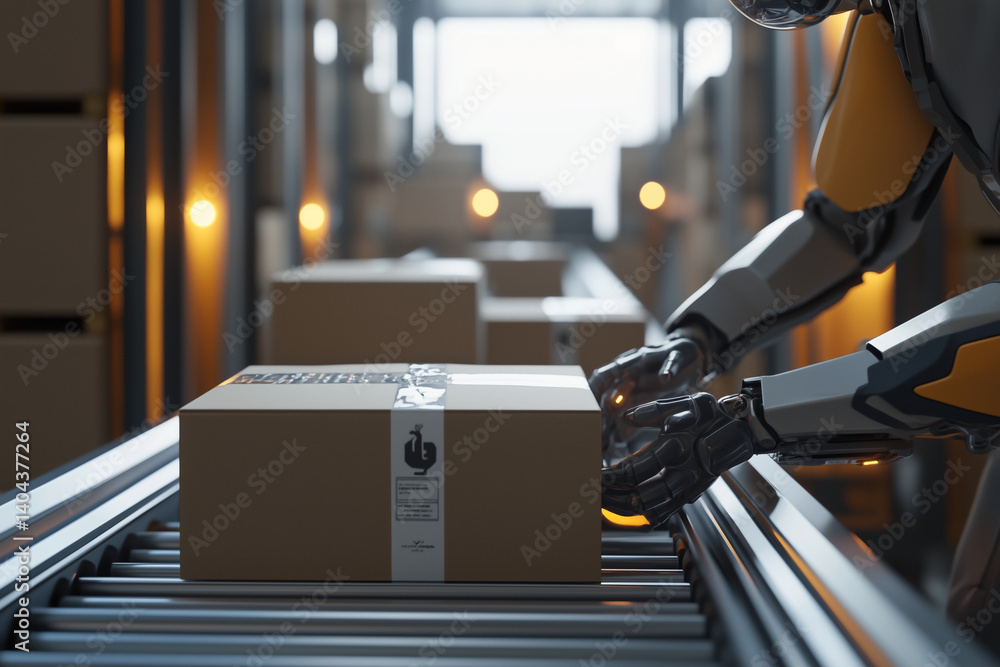 Poster robot is working on a conveyor belt with boxes. the robot is wearing a yellow suit and has a box in 