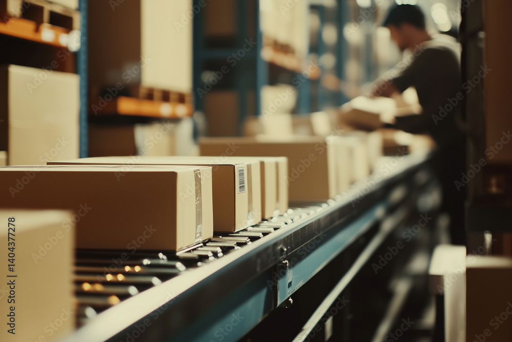 Poster man is working in a warehouse, surrounded by boxes. the boxes are stacked on a conveyor belt, and th