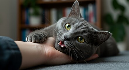 Gray Cat Relaxing on a Hand with Water Droplets