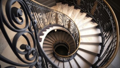 Obraz premium Captivating details of a wrought iron staircase captured from an overhead angle.