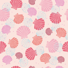 Seamless pattern of seashells, pink scallops background illustration.