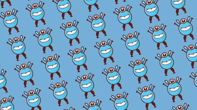 Flat lay beautiful cute blue character monster with one big eyes smiling face seamloss loop video isolated on blue background for kids party like birthday or halloween
