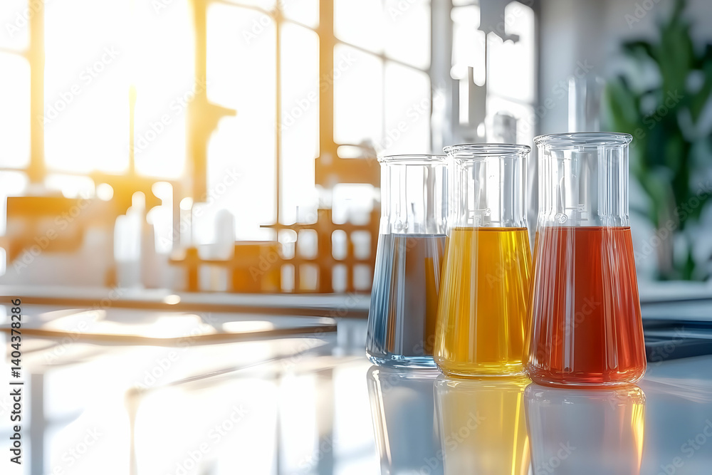 Poster laboratory erlenmeyer flasks with colorful liquids in a bright modern lab