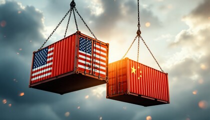 Tariffs Shipping Containers with Flags Hanging Against Sky