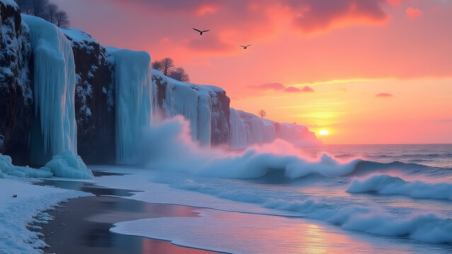 Winter coastline sunset with fiery cliffs and glowing icicles. Crashing waves meet frozen shore in this dramatic display of nature's power.