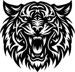 A bold black and white tribal-style illustration of a roaring tiger head, with sharp eyes, open mouth, visible fangs, and symmetrical design. Ideal for logo or tatto