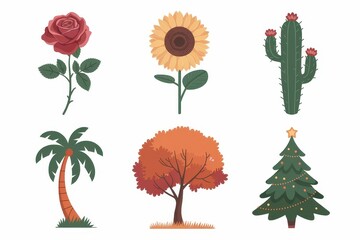 Collection of Diverse Plants and Trees: Rose, Sunflower, Cactus, Palm, Autumn Tree, Christmas Tree