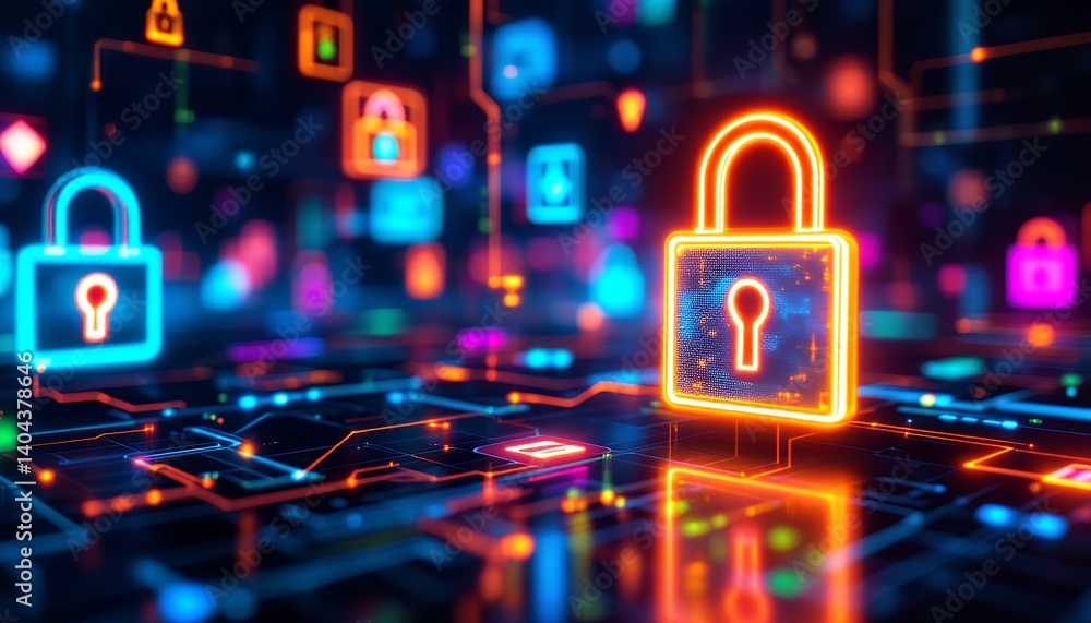 Poster glowing locks on circuit board background security concept