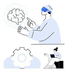 Person wearing VR headset interacting with digital brain, gear icon, and seated individual with a laptop. Ideal for innovation, AI, VR, technology, teamwork education research. Flat simple metaphor