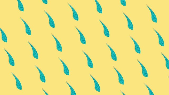 Animation of blue tropical leaves contemporary floral moving smoothly isolated in yellow seamless pattern loop background , pattern of summer theme or spring party