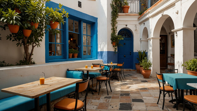 Interior of a bright and cheerful cafe reminiscent of a Mediterranean courtyard. Whitewashed walls with vibrant blue accents, terracotta tiles, and lush potted citrus trees create a sunny and inviting