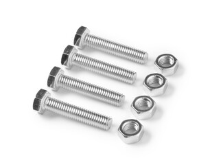 Row of tap bolts with chrome nuts isolated on white background