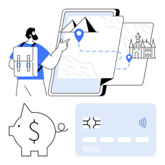 Backpacker interacts with map showing landmarks and routes. Piggy bank for savings and card for transactions. Ideal for travel, tourism, budgeting, technology, adventure, planning, abstract line flat