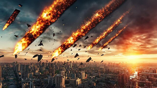 Dramatic Meteor Shower Over Cityscape with Fiery Debris Falling Across Skyline at Sunset

