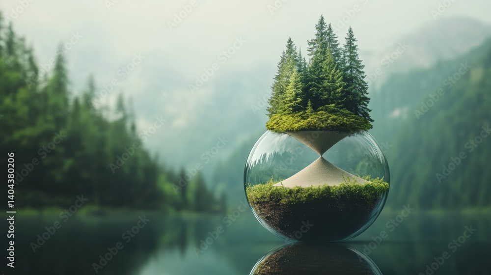 Poster creative sand timer features lush forest above and serene ocean below, illustrating balance of natur