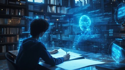 Rear perspective of a student writing notes while interacting with a holographic AI tutor in a digital library 