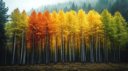 Fototapeta premium Autumnal gradient forest, misty mountains, vibrant colors