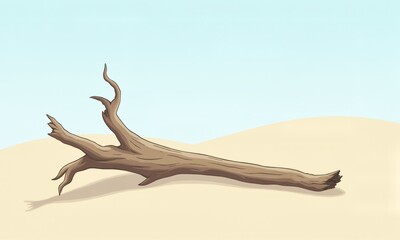 Obraz premium A peaceful illustration of weathered driftwood resting on smooth sand dunes under a soft blue sky, subtle textures, muted earth tones, and a serene atmosphere.