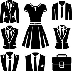 Illustration of formal attire including suits dresses and a briefcase in black and white style