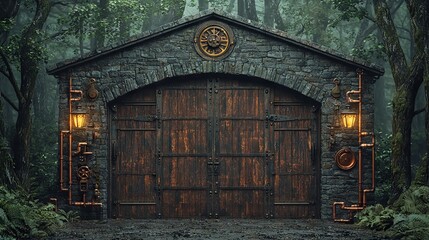 Fototapeta premium Mystical Wooded Garage with Rustic Stone and Copper Details in Nature