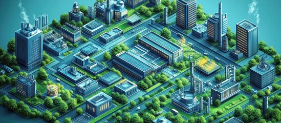 Isometric view of a futuristic city with factories and green spaces