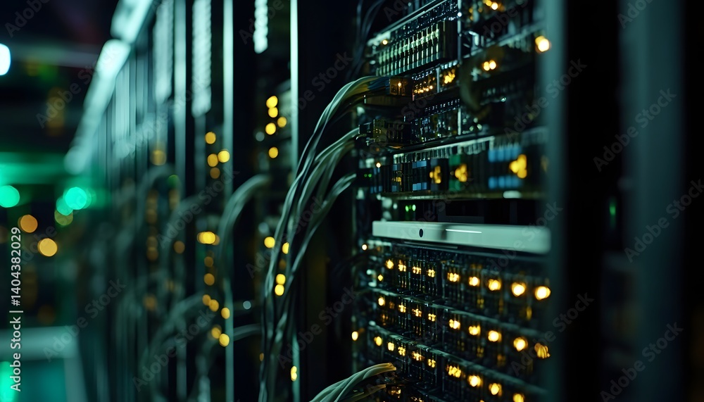 Poster a close-up view of server racks filled with network cables and illuminated components, showcasing th