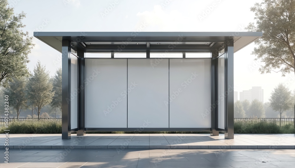 Aufkleber Minimalist mock-up of a blank bus shelter in an urban area. Empty advertisement space on a transit stop. Clean design for advertising. Modern architecture on a street in a city.