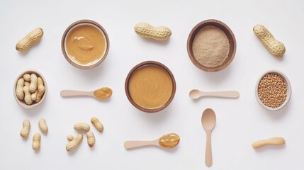 Diverse Spread of Peanut Products and Ingredients Arranged Aesthetically on White Background