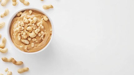 Creamy Peanut Butter in Bowl Surrounded by Raw Peanuts on Plain Background