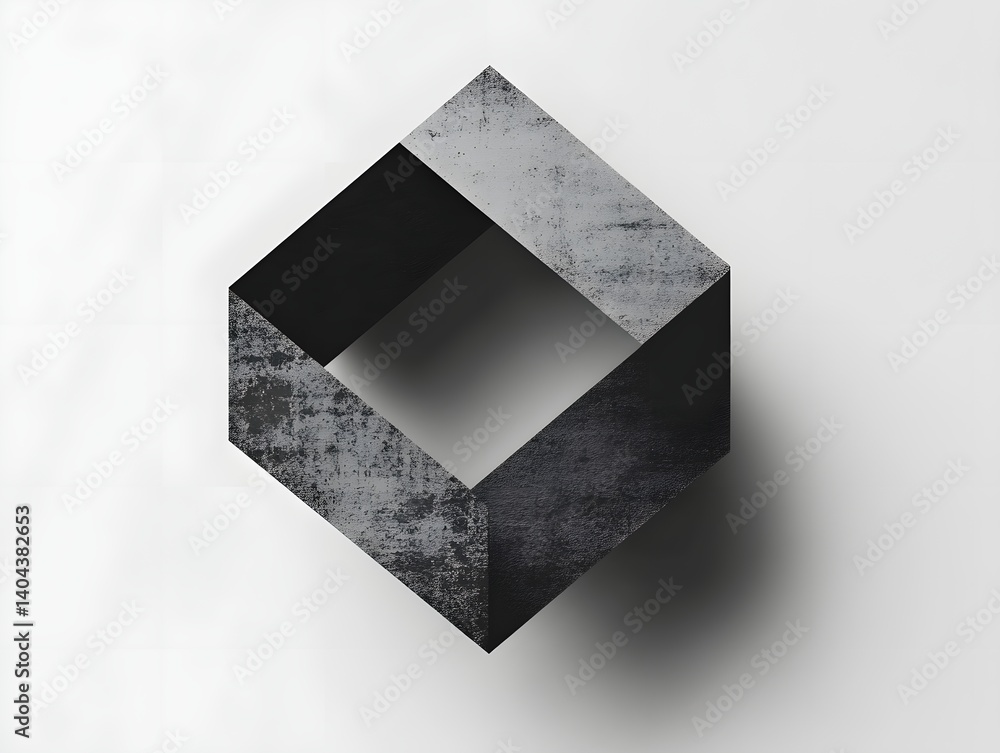 Poster a minimalist abstract cube design featuring a blend of black and gray textures. ideal for modern art
