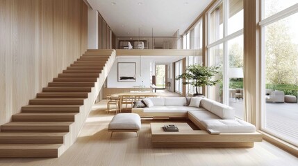 Light wood enhances the cozy atmosphere in living room interiors. 