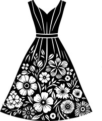 A black dress adorned with floral patterns and surrounded by flower and leaf illustrations artfully arranged