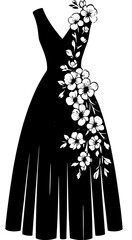 A black dress with white flowers and a black high heel shoe next to floral branches on white