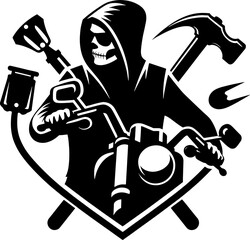 A grim reaper riding a motorcycle with tools in black and white vector graphic illustration style