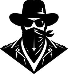 A black and white graphic of a person wearing a hat sunglasses and a bandana covering their face