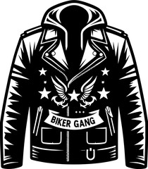 A black and white illustration of a biker jacket with biker gang text and wing and star decorations