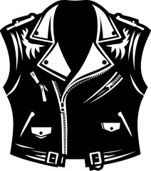 Illustration of a black leather biker vest with zippers and decorative flame designs on the shoulders