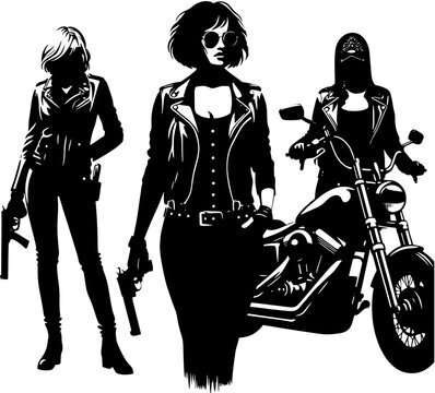 Three women in leather jackets posing with guns and a motorcycle in black and white style image