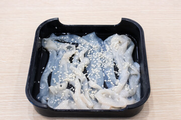 Close up of fresh duck intestines in a tray for Shabu Shabu, Japanese hot pot