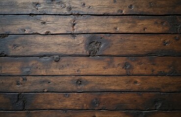 Naklejka premium Close-up of wet brown wooden flooring background. Old weathered planks with texture, grain. Dark brown colors, vintage, rustic design. Natural, rough, antique, interior.