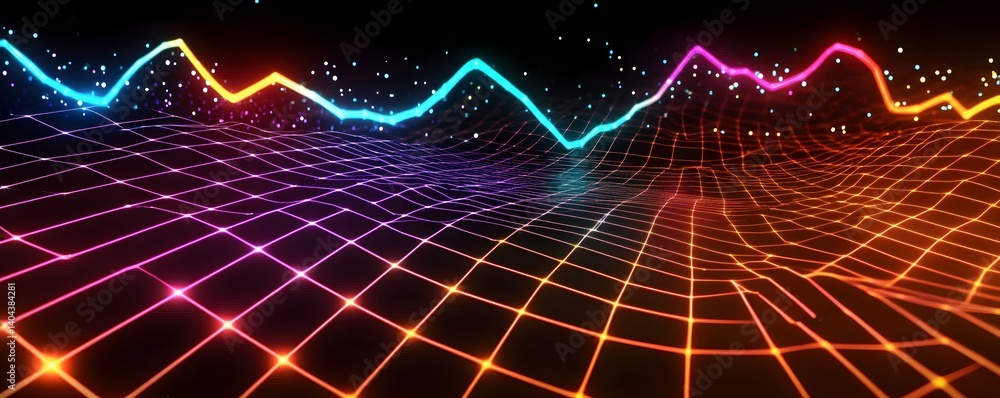 Poster a vibrant digital representation of sound waves, showcasing a colorful spectrum of neon lines and do