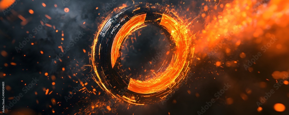 Poster an abstract design featuring a glowing orange circular pattern against a dark backdrop, evoking a se
