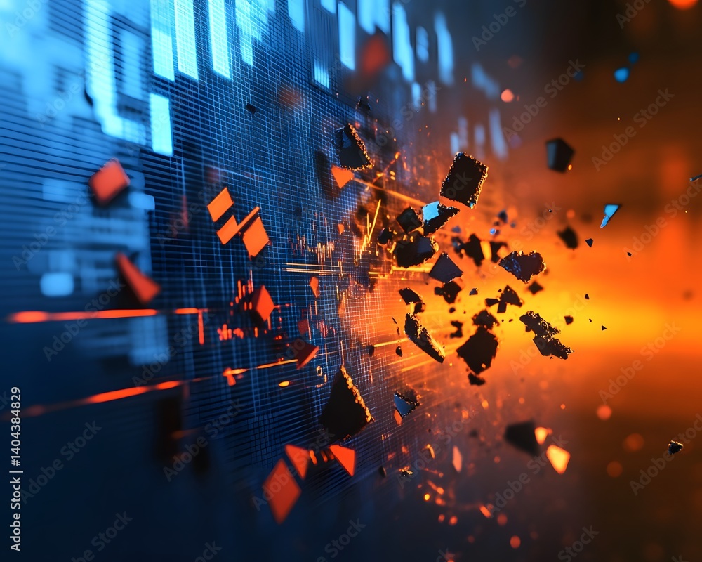 Poster an abstract image depicting digital fragments exploding against a backdrop of blue and orange hues, 