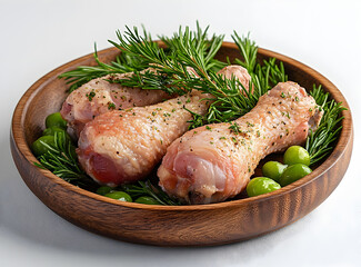 Raw Chicken Drumsticks with Fresh Rosemary and Green Olives