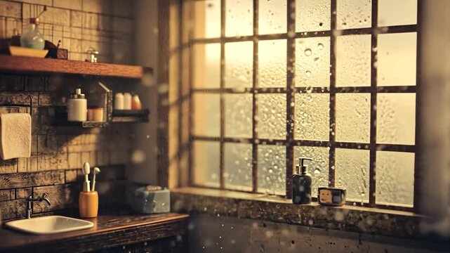 Miniature bathroom, rain shower, window light