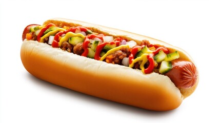 Delicious Hot Dog With Mustard, Ketchup, Relish, and Onions