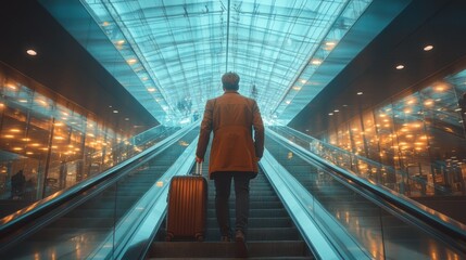 Man ascends escalator with suitcase in modern building