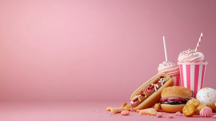 Colorful Fast Food and Dessert Arrangement on Pink Background