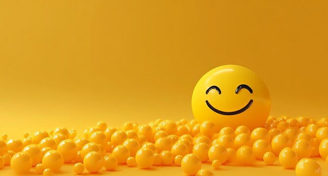 3D render of a yellow smiley face on top, a smiling emoticon surrounded by many small balls of the same size, on a yellow background, pool ball on yellow